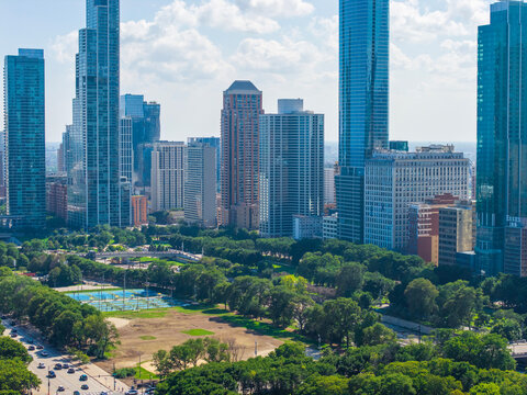 Aerial shot of Skyscrapers and office buildings in the skyline in Chicago Illinois USA
