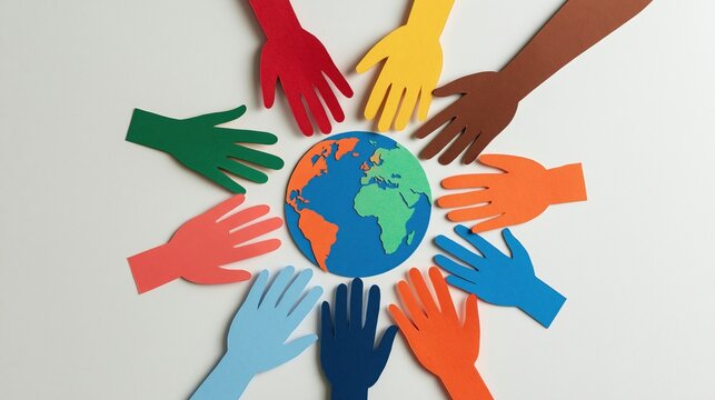 Diverse paper hands reaching towards a colorful globe represent the global unity of people around the world working together to protect our shared environment and promote peace among all nations