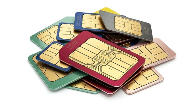 A collection of colorful SIM cards arranged in a pile with isolated on white background.