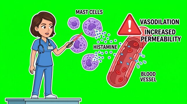 Medical instructor explaining mast cells and histamine release in a blood vessel diagram.