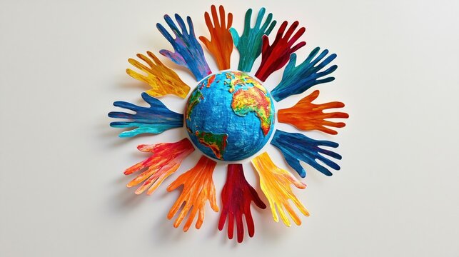 A circular arrangement of colorful painted hands surrounds our planet earth to demonstrate global cooperation and unity among diverse groups of people living together across different continents