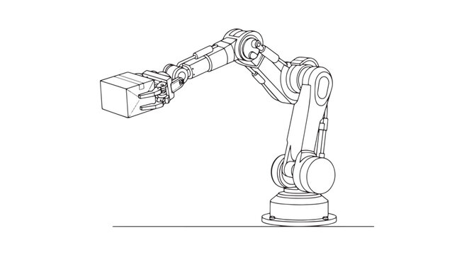 Industrial robotic arm line art vector, mechanical automation machine illustration, factory robot manipulator technical drawing