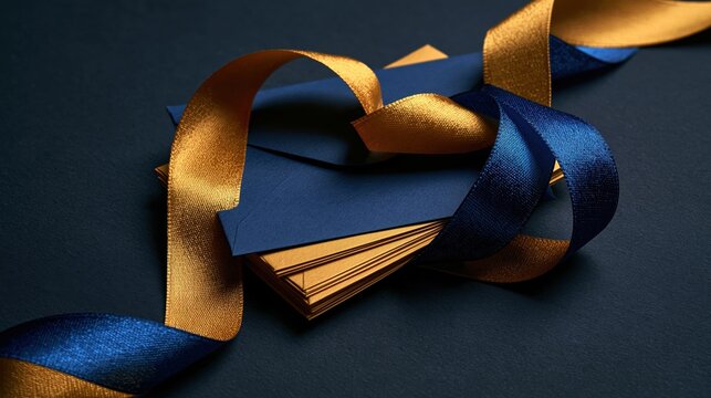 A pair of shimmering golden ribbons elegantly winds around a luxurious stack of dark navy blue stationery envelopes to create a festive mood for celebrating special holiday occasions throughout