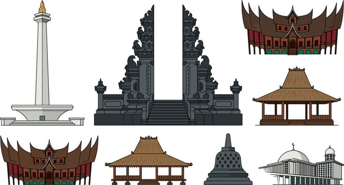 Indonesia Famous Landmark and Traditional Architecture Vector Icon Set with Monas Candi Bentar Borobudur Rumah Gadang and Istiqlal Mosque for Travel Designs