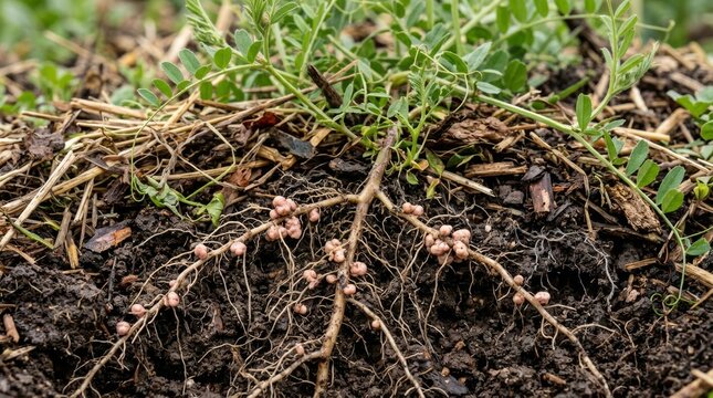 Root nodules with nitrogen fixing bacteria on legume plant roots in soil.