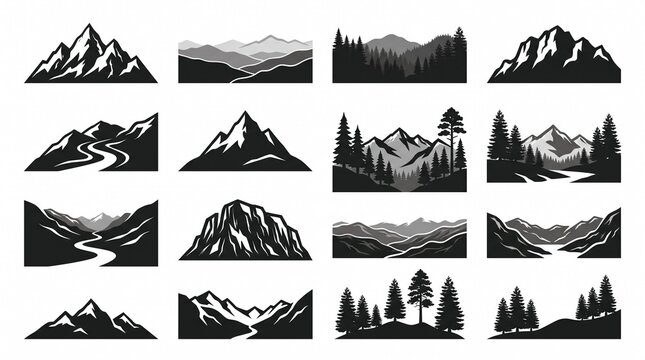 Mountain range and pine forest silhouette outdoor adventure vector collection