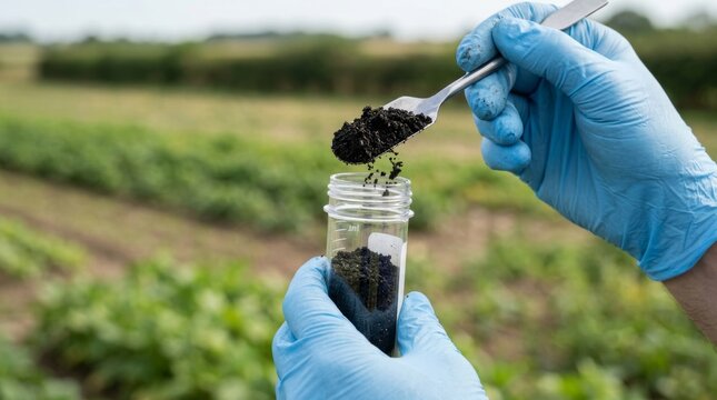 Scientist taking a soil sample in a field for agricultural testing.