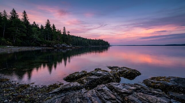 Serene sunset over calm lake water with forest shoreline.