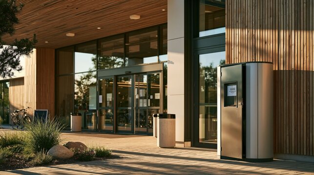 A automated parcel locker station stands outside the entrance of a contemporary wooden commercial building during the golden hour to facilitate the secure collection of packages for local
