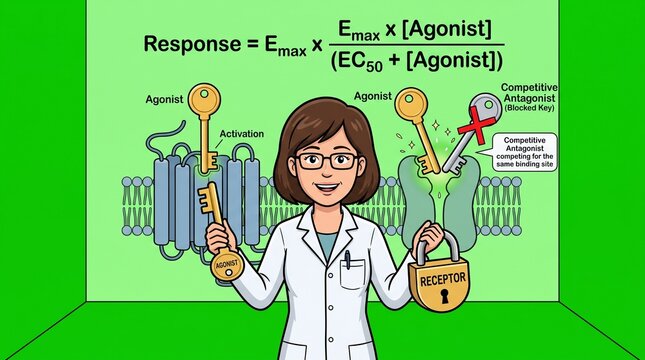 Pharmacologist explaining receptor agonist and antagonist drug mechanism of action illustration