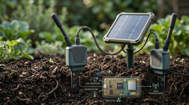 Smart solar powered agricultural sensor system for soil monitoring in a garden.