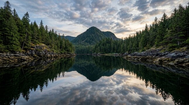 Stunning mountain reflection on a serene lake surrounded by a lush pine forest at sunset.