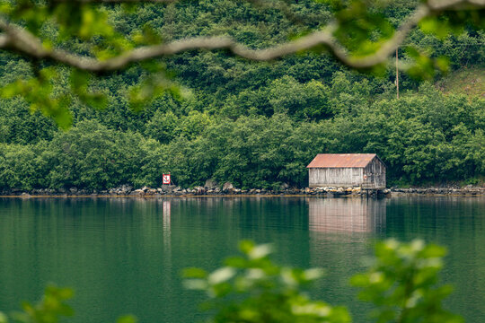 A beautiful summer  landscape with a village buildings by the fjord . A summer scenery of World Heritage Area in Western Norway.
