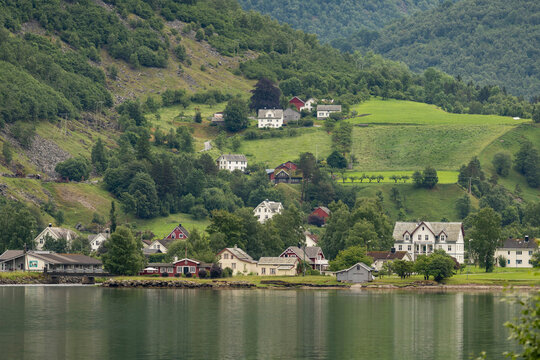 A beautiful summer  landscape with a village buildings by the fjord . A summer scenery of World Heritage Area in Western Norway.