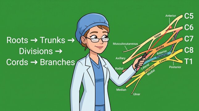 Doctor explaining brachial plexus anatomy on a green chalkboard classroom presentation