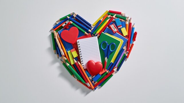 A vibrant assortment of school supplies is arranged into a distinct heart shape representing love for education and academic passion for students returning to their busy classrooms during