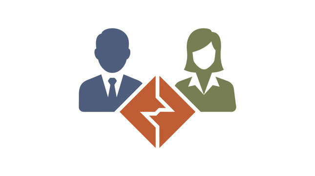 Two business people in blue and green icons with broken orange square symbol representing conflict or disagreement.