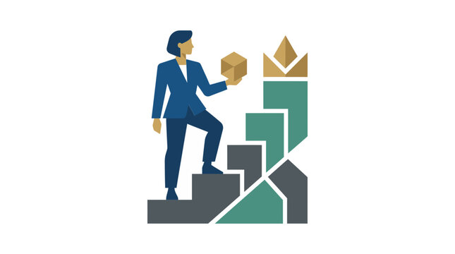Woman ascending steps holding cube, symbolizing progress and building towards future success in business.