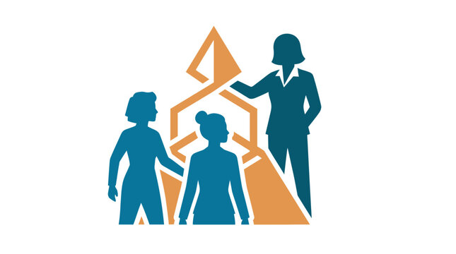 Women in business planning meeting with geometric shapes and presentation.