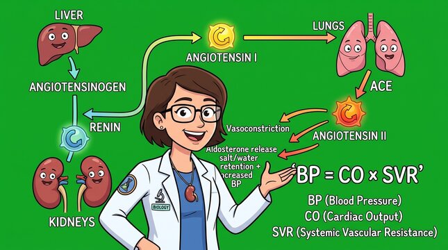 Scientist explaining the renin angiotensin aldosterone system and blood pressure formula.