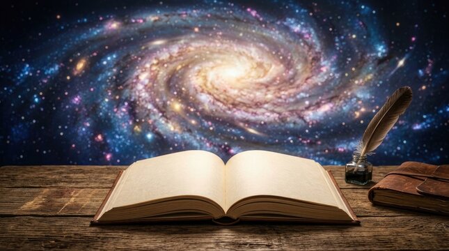 A weathered wooden table holds an open book and a quill pen, with a stunning spiral galaxy backdrop.