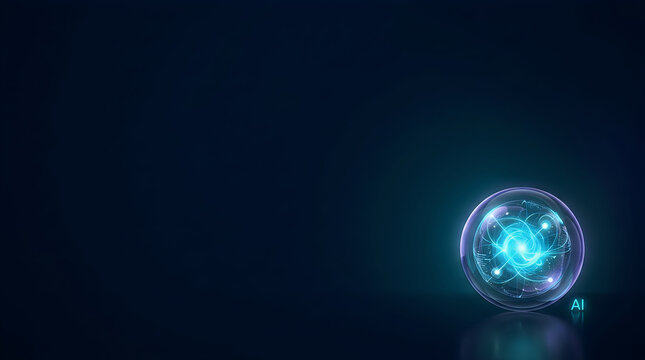 Neonic abstract technology crystal sphere, digital blue energy ball orb, glowing modern futuristic background, high definition illustration with reflection and label AI, Technology, AGI