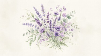 Fototapeta premium A watercolor illustration depicts a vibrant bouquet of lavender and other purple flowers, accented with green foliage and ferns.