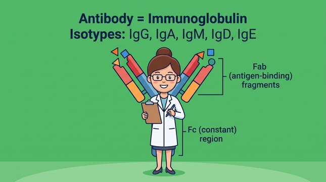 Scientist explaining antibody structure and immunoglobulin isotypes in educational diagram