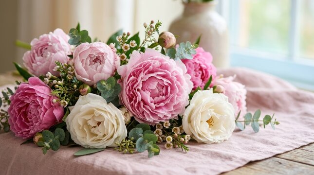 Elegant Pink and White Peony and Rose Floral Arrangement on a Table.