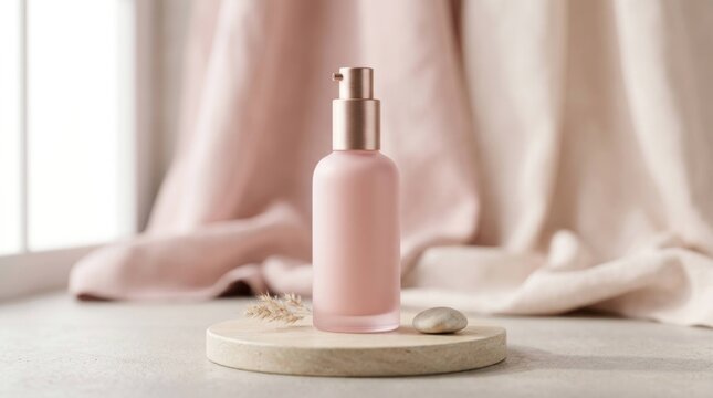 Elegant Pink Cosmetic Bottle on Stand with Soft Fabric Background.