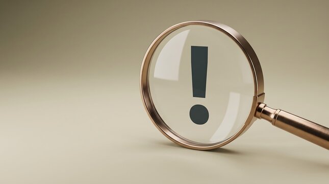 Magnifying glass with exclamation mark 3D render for business alert warning concept and search investigation banner.