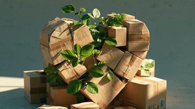 A heart shape composed of various cardboard delivery containers features vibrant green leaves growing throughout the structure to represent the importance of sustainable packaging for our planet