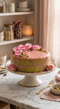 Elegant Pistachio Rose Cake with Pink Glaze and Floral Decor.