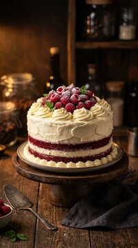 Elegant Raspberry Layer Cake with Creamy White Frosting on a Rustic Wooden Table.