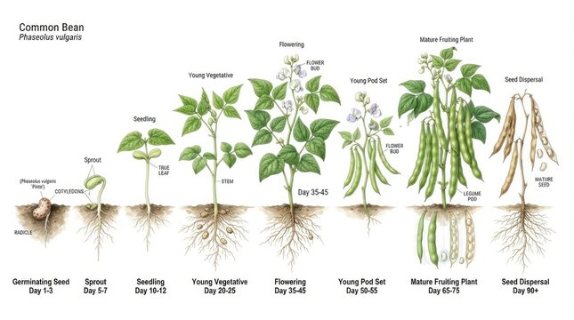 The image illustrates the life cycle of a common bean (Phaseolus vulgaris).