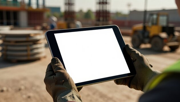 Generic tablet in construction site hands holding device with matte finish screen and heavy machinery in background