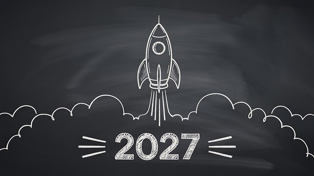 Rocket launch vision and innovation concept with 2027 future goals