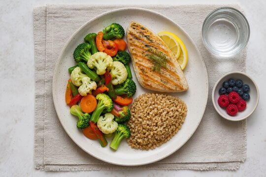 Healthy meal with grilled fish, steamed vegetables, and whole grains on textured surface. Meal includes grilled salmon with broccoli, carrots, and cauliflower served with bulgur wheat.
