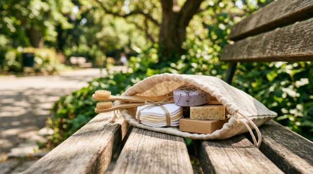 Eco-friendly zero waste personal care kit on a wooden park bench.