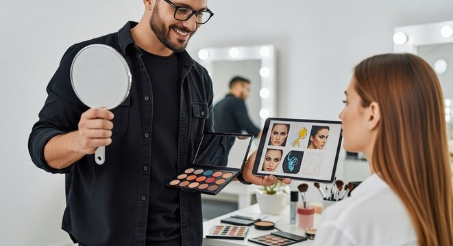 Male makeup artist demonstrating cosmetic techniques to a client with a tablet and palette in a bright studio setting