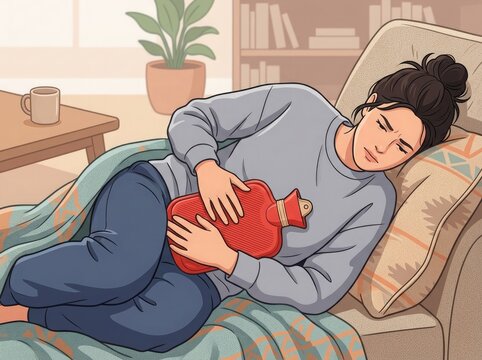 Young woman lying in bed and holding a heating pad against her abdomen while experiencing menstrual cramps and period pain. Concept of menstruation, women's health, and self-care.