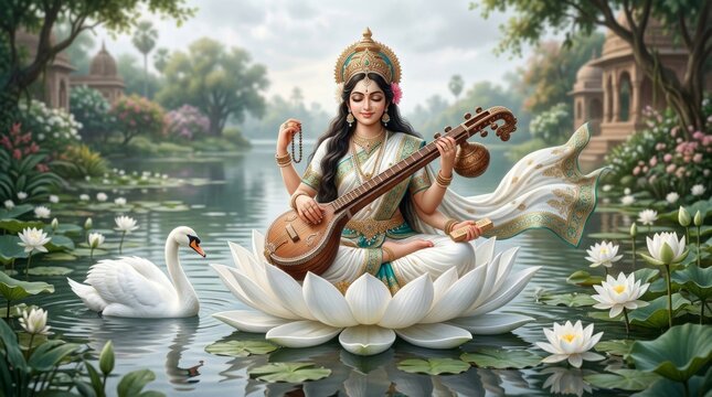 Goddess Saraswati sitting on a lotus flower playing veena in a serene pond with a white swan.