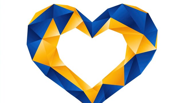 A vibrant heart shape composed of various blue and golden triangles forms an expressive artistic display that symbolizes solidarity and national pride through geometric patterns representing
