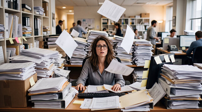 Stressed businesswoman overwhelmed by piles of paperwork and flying documents at busy corporate office desk.