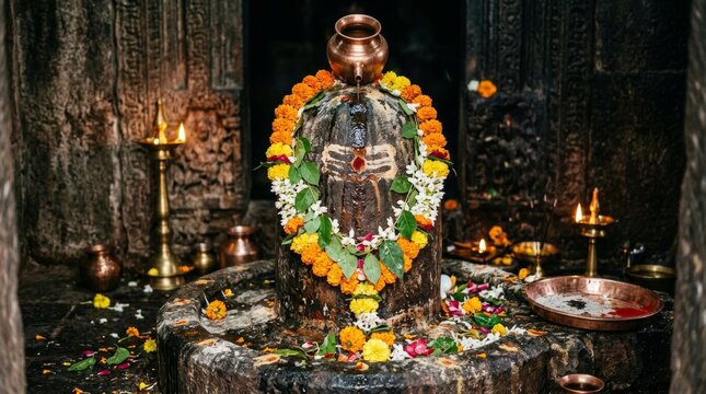 Hindu deity Shiva Lingam decorated with flowers and oil lamps in an ancient temple.