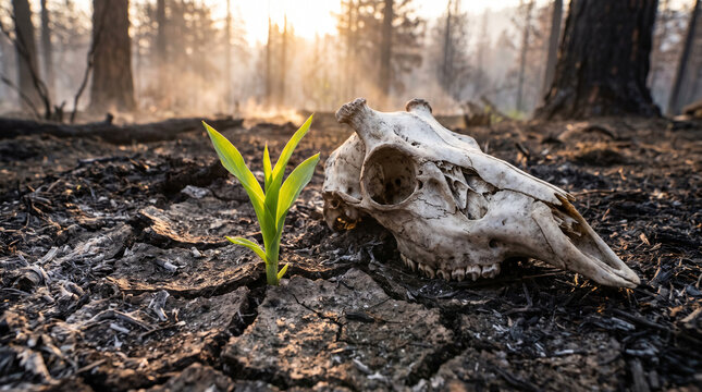 A vibrant green sprout emerges from cracked, dry earth next to an animal skull in a burnt forest, symbolizing resilience and new life after destruction.