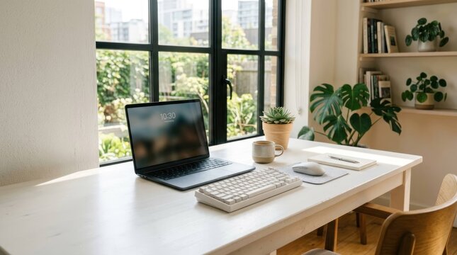 Bright and modern home office with laptop, plants, and a view of nature.