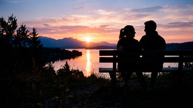 Couple Silhouetted on Bench Watching Sunset Over Lake and Mountains