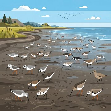 Flock of shorebirds on a muddy beach