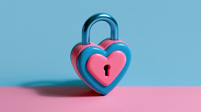 A shiny pink and blue heart shaped padlock sits resting on a vibrant surface while representing the powerful feelings of romance and deep emotional connection between two people in love together